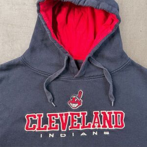 Cleveland Indians Spell Out Hoodie Mens Medium Blue Chief Wahoo Fanatics MLB Y2K